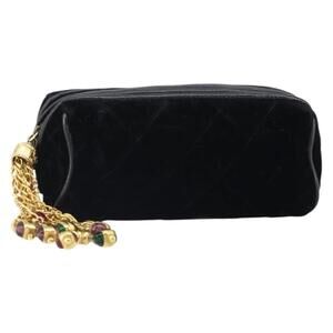 CHANEL Matelasse Pouch Velor Black Gold CC Auth 161194V